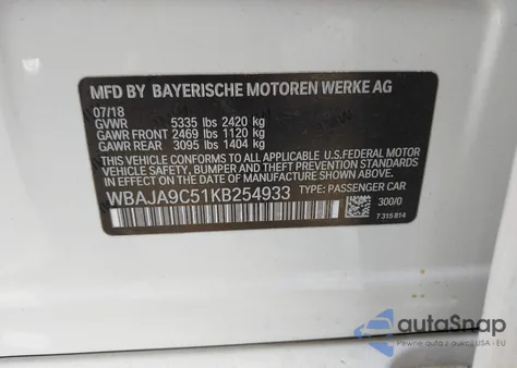 2019 BMW 530E Iperformance z USA, uszkodzony, nr VIN WBAJA9C51KB254933